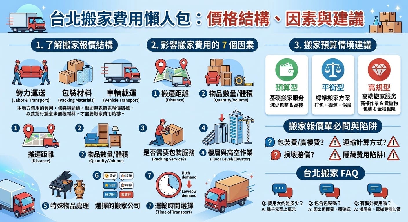 台北搬家費用的計算不僅依賴搬家距離，還包括搬運物品的數量、服務項目及施工難度。理解報價結構對於選擇最適合的搬家公司至關重要。無論是基礎搬家服務、包裝服務還是高樓作業，這些因素都會直接影響最終報價。本文將深入解析台北搬家費用的組成，幫助您在選擇搬家公司時做出明智決策，避免額外費用的陷阱。